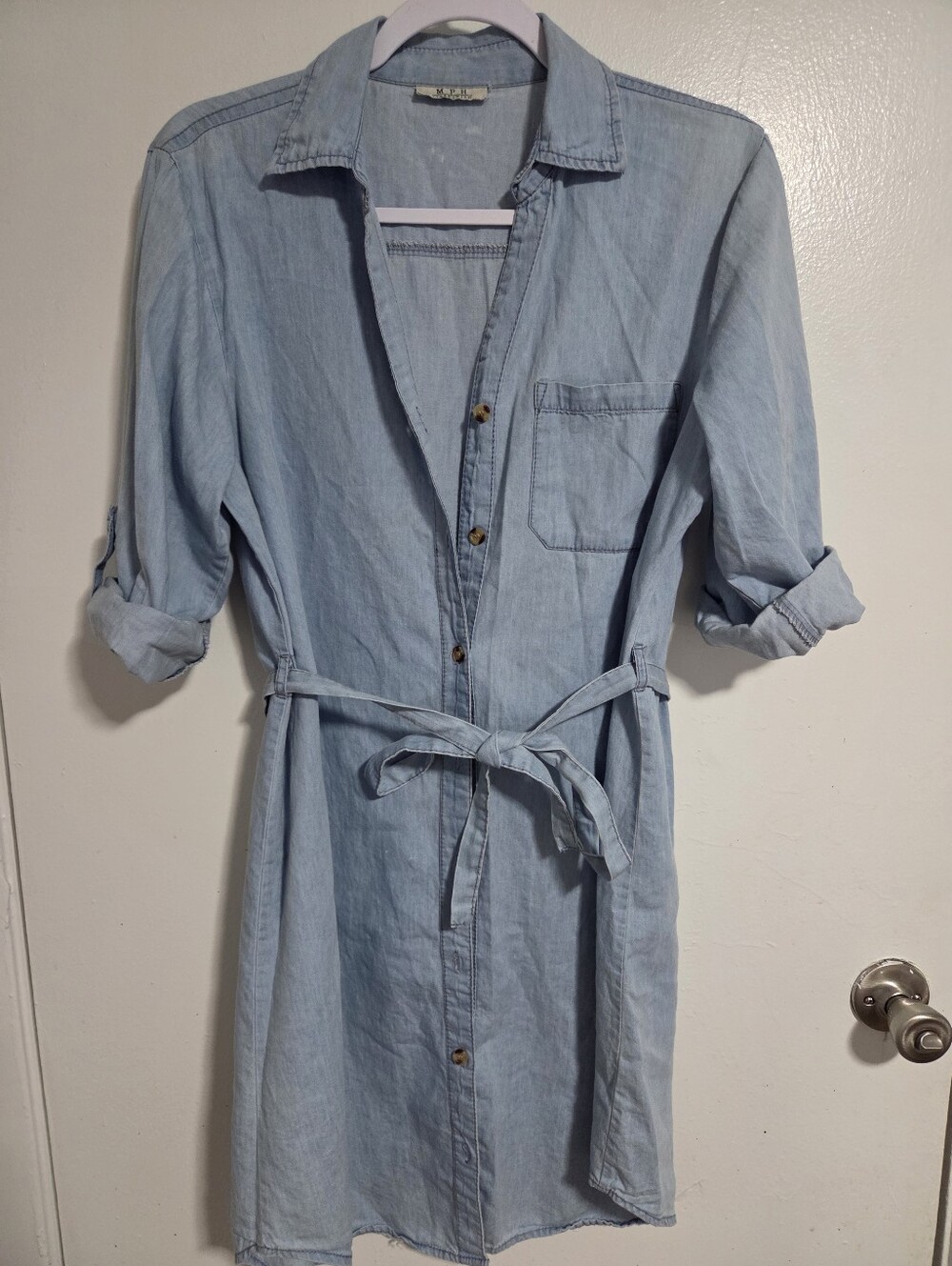 Light Blue Denim Shirt Dress with Waist Tie